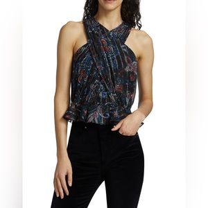 Veronica Beard Kailani Metallic Top Sleeveless Blouse Black/Red/Blues $395